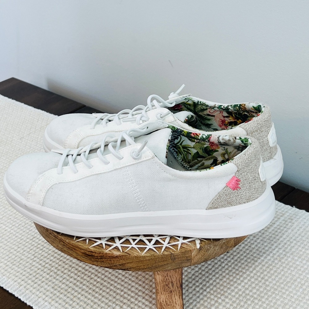 Hey Dude Karina Coconut White Tropical Floral Canvas Sneakers 40154-1JZ Womens 8